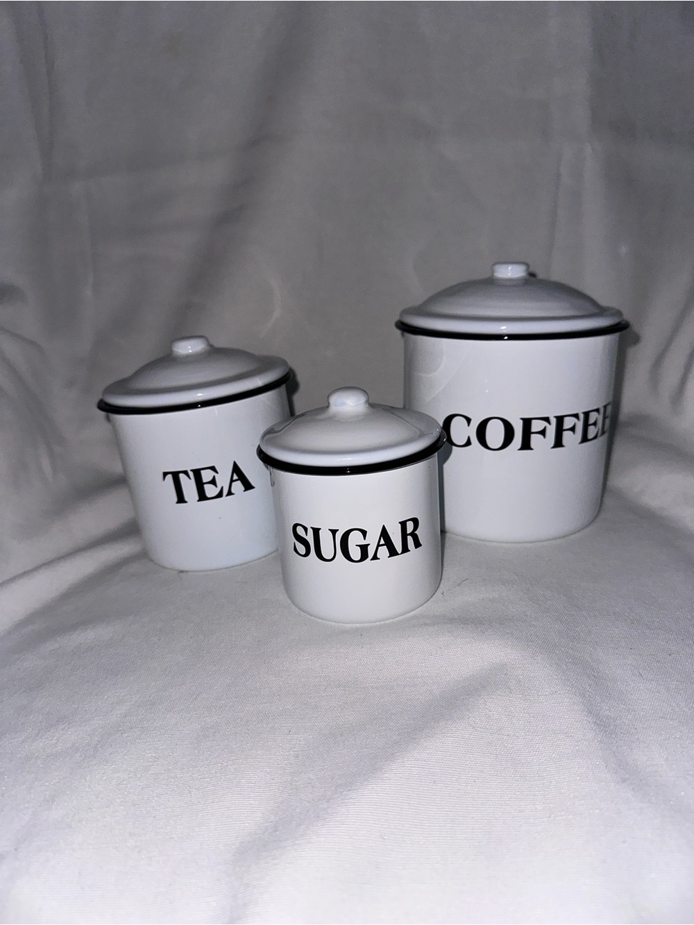 White Enamel Tea, Sugar & Coffee Canister Set